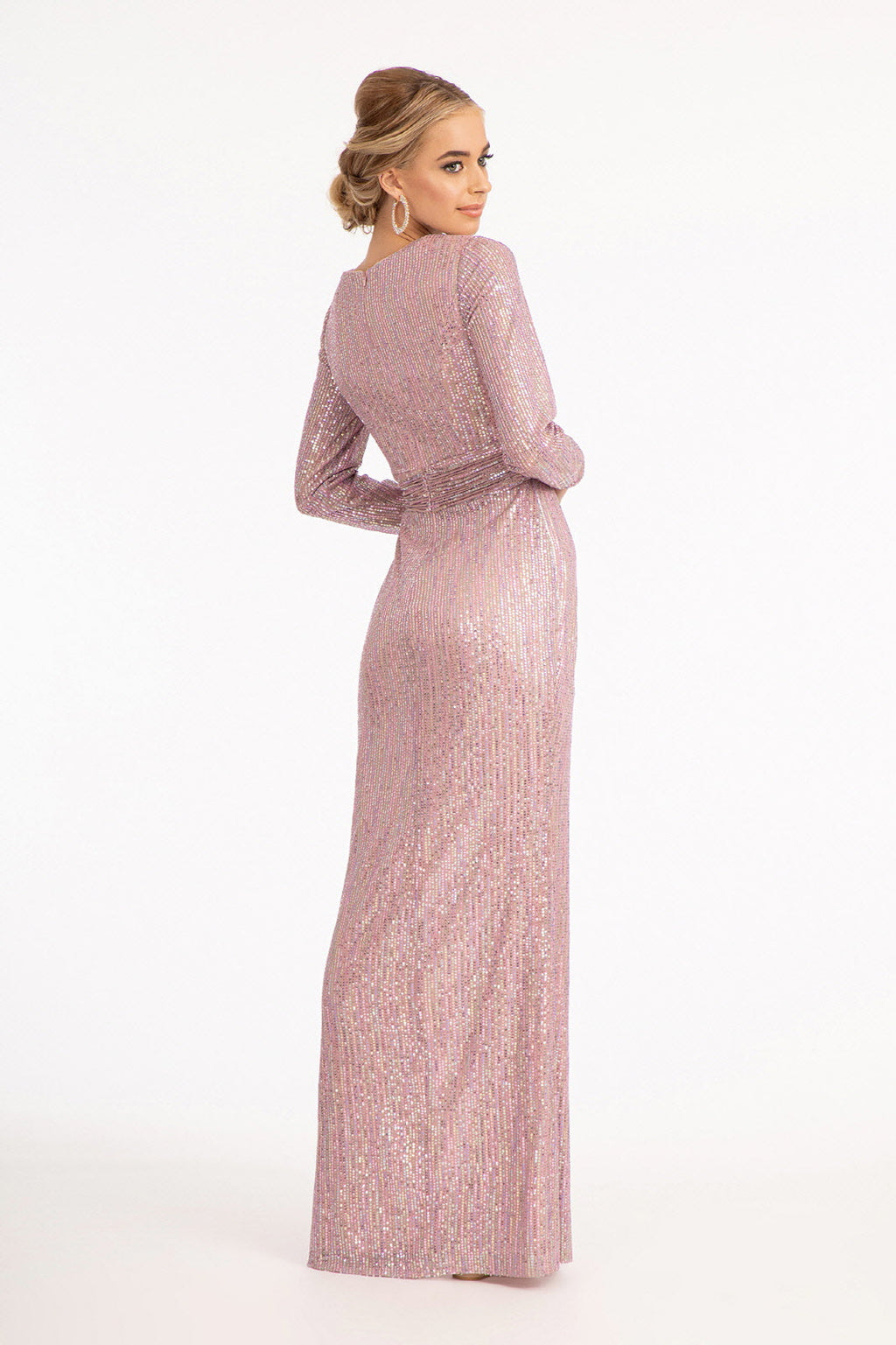 Gathered Waist Sequin Embellished Mermaid w/ Long Sleeves Long Prom Dress GLGL3063