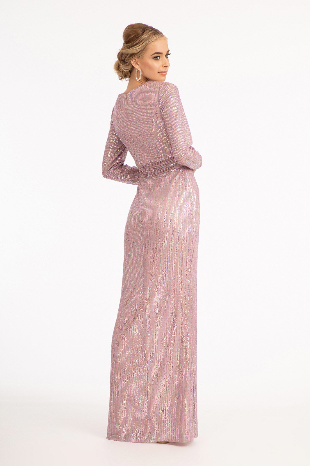 Gathered Waist Sequin Embellished Mermaid w/ Long Sleeves Long Prom Dress GLGL3063