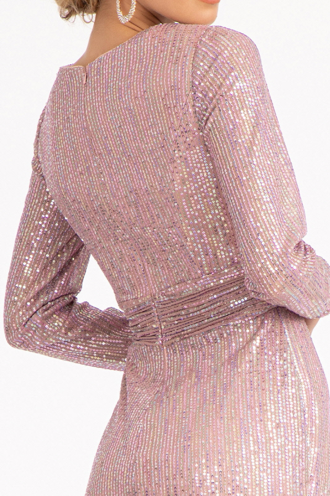 Gathered Waist Sequin Embellished Mermaid w/ Long Sleeves Long Prom Dress GLGL3063