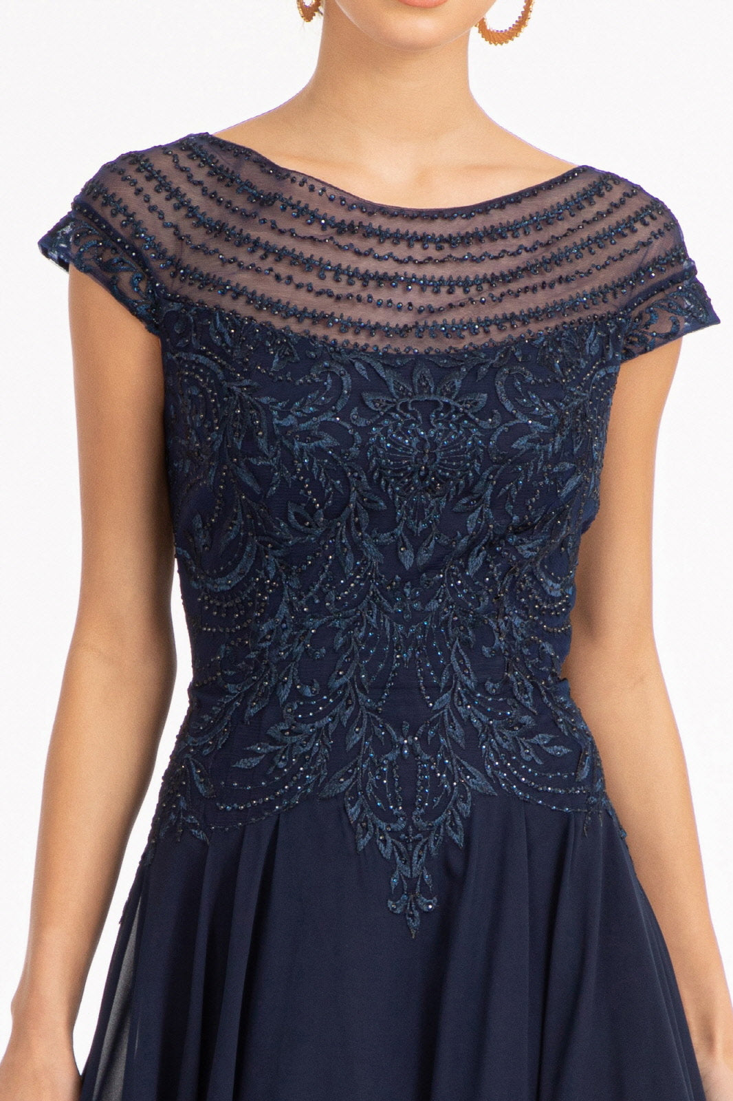 Beads Embellished Chiffon A-line w/ Cap Sleeves Long Mother Of The Bride Dress GLGL3065