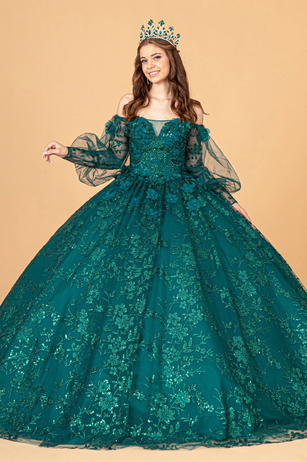Mesh Long Sleeves w/ Detachable Ribbon and Mini Bag Quinceanera Dress GLGL3071