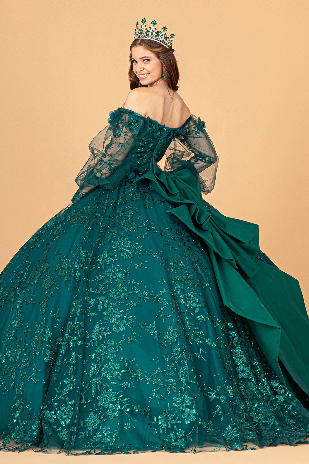 Mesh Long Sleeves w/ Detachable Ribbon and Mini Bag Quinceanera Dress GLGL3071
