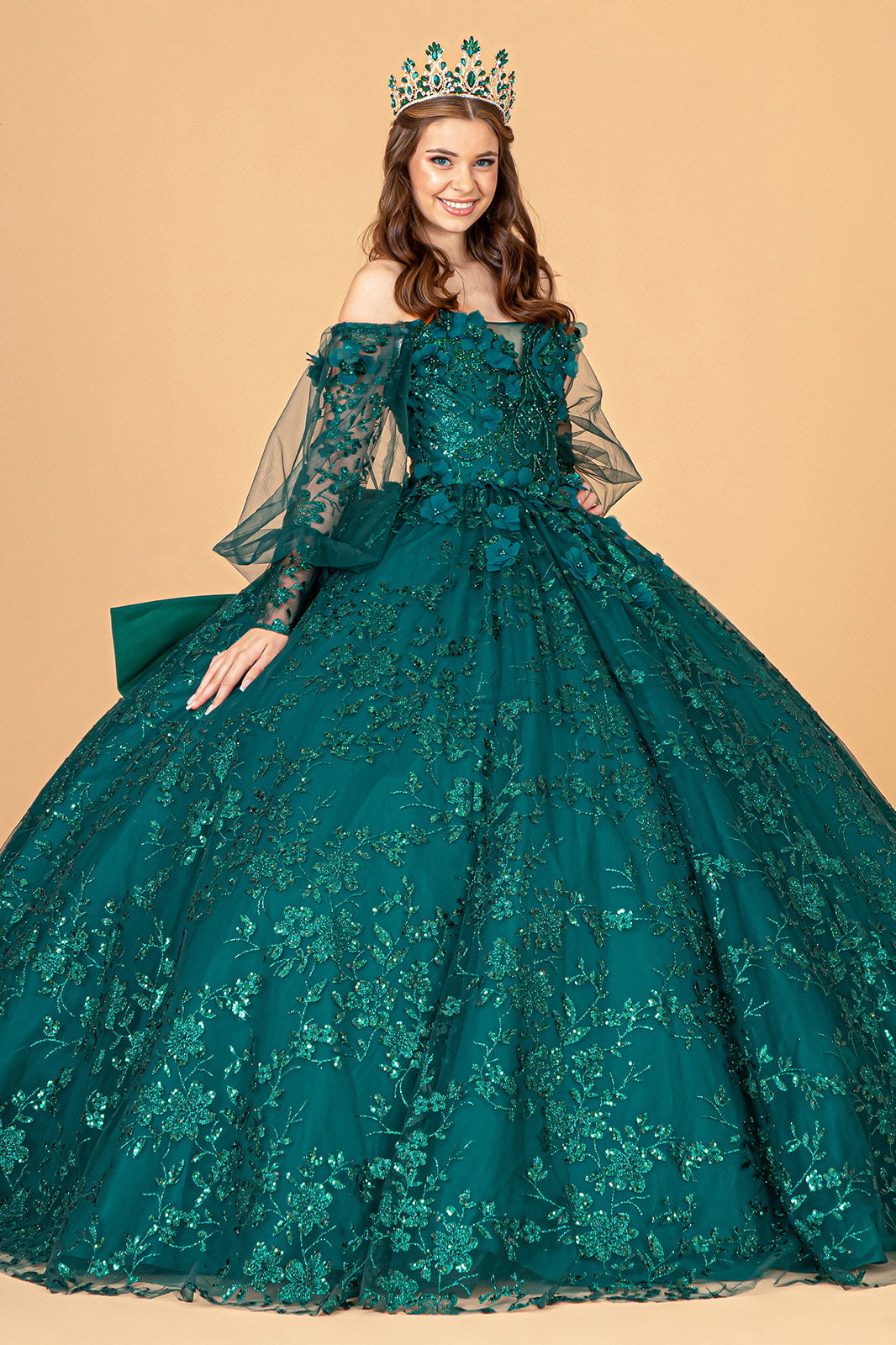 Mesh Long Sleeves w/ Detachable Ribbon and Mini Bag Quinceanera Dress GLGL3071