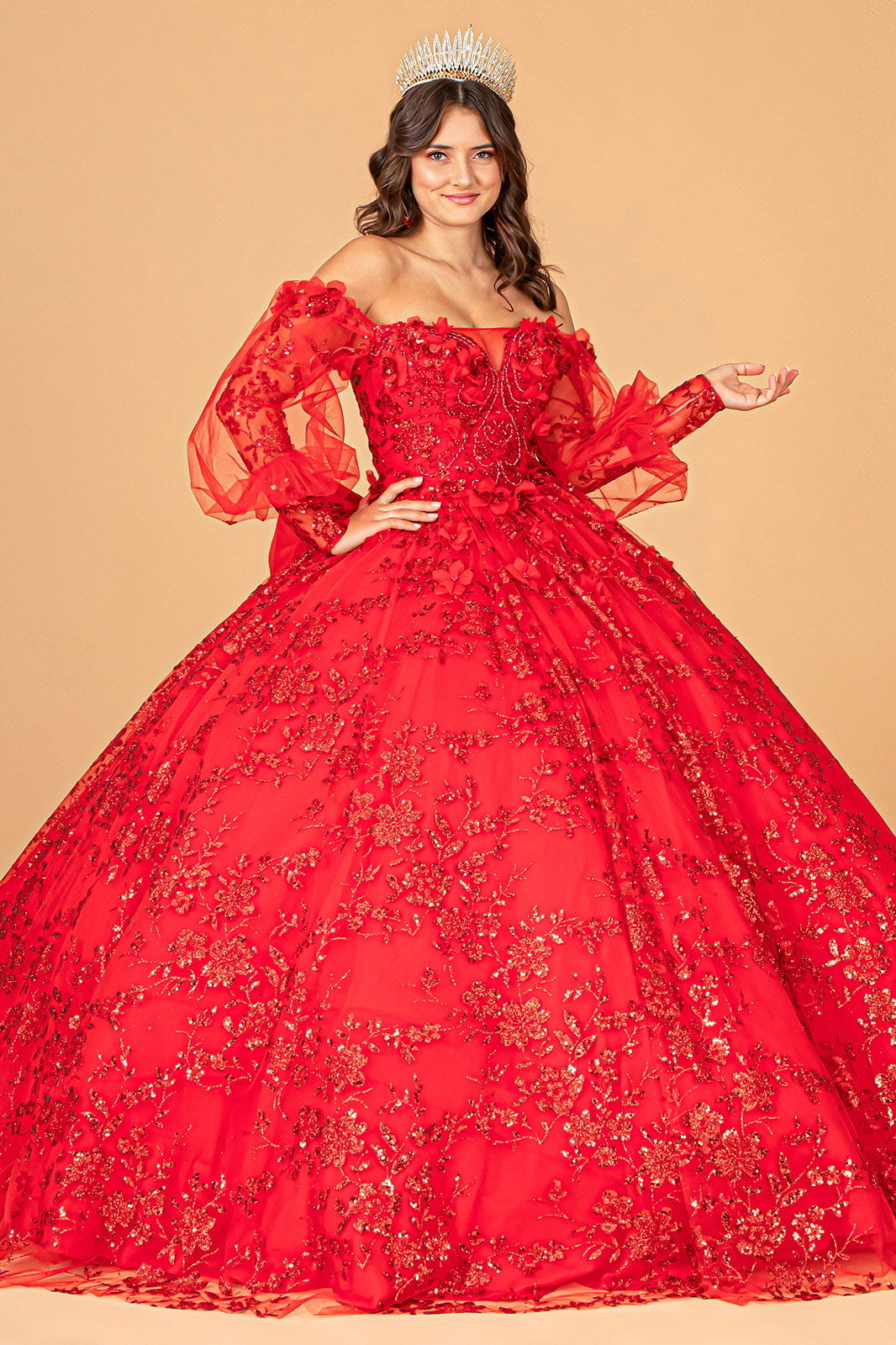 Mesh Long Sleeves w/ Detachable Ribbon and Mini Bag Quinceanera Dress GLGL3071