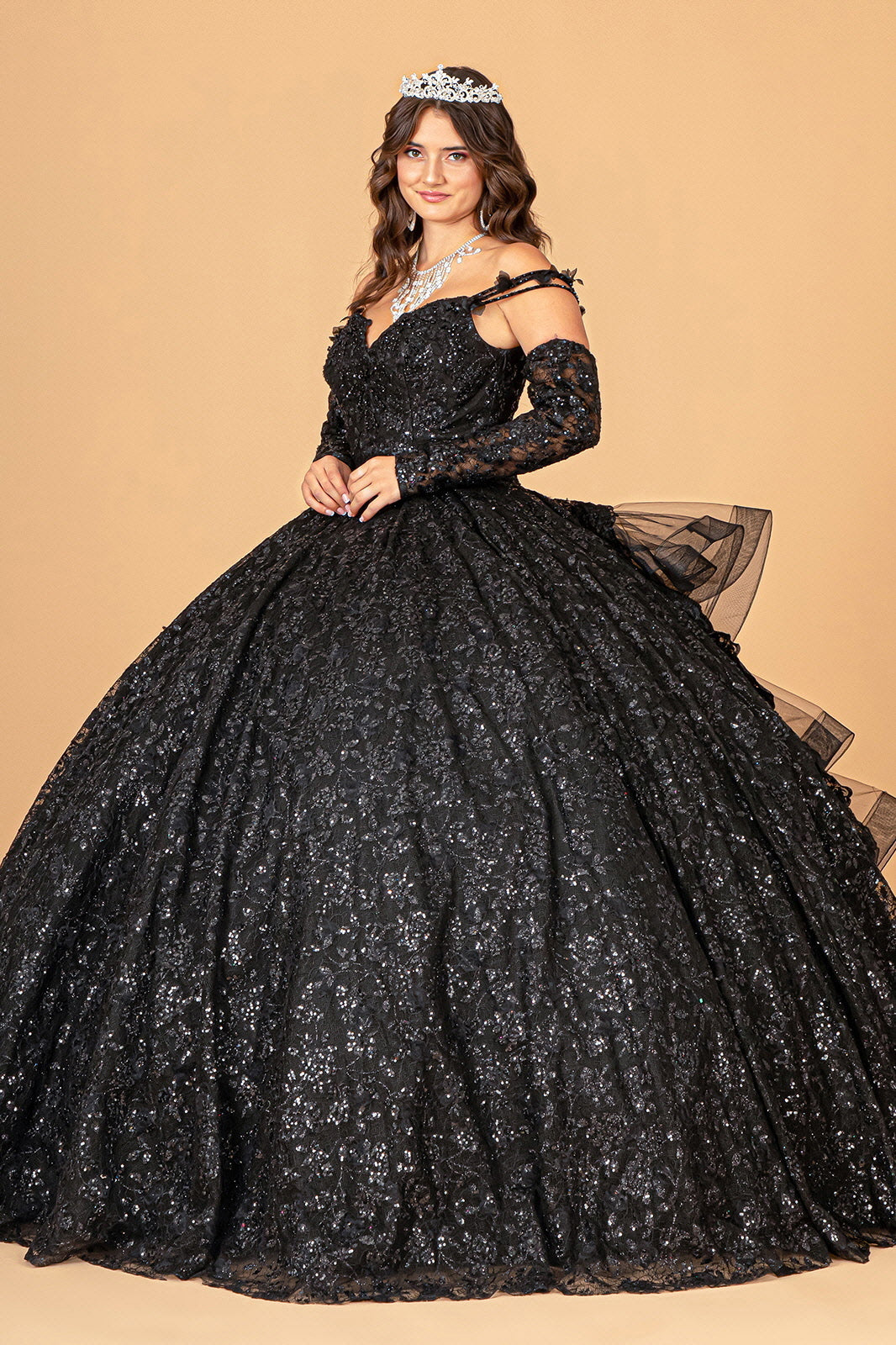 Mesh Detachable Long Sleeves w/ Detachable Ribbon and Ruffled Train Quinceanera Dress GLGL3072
