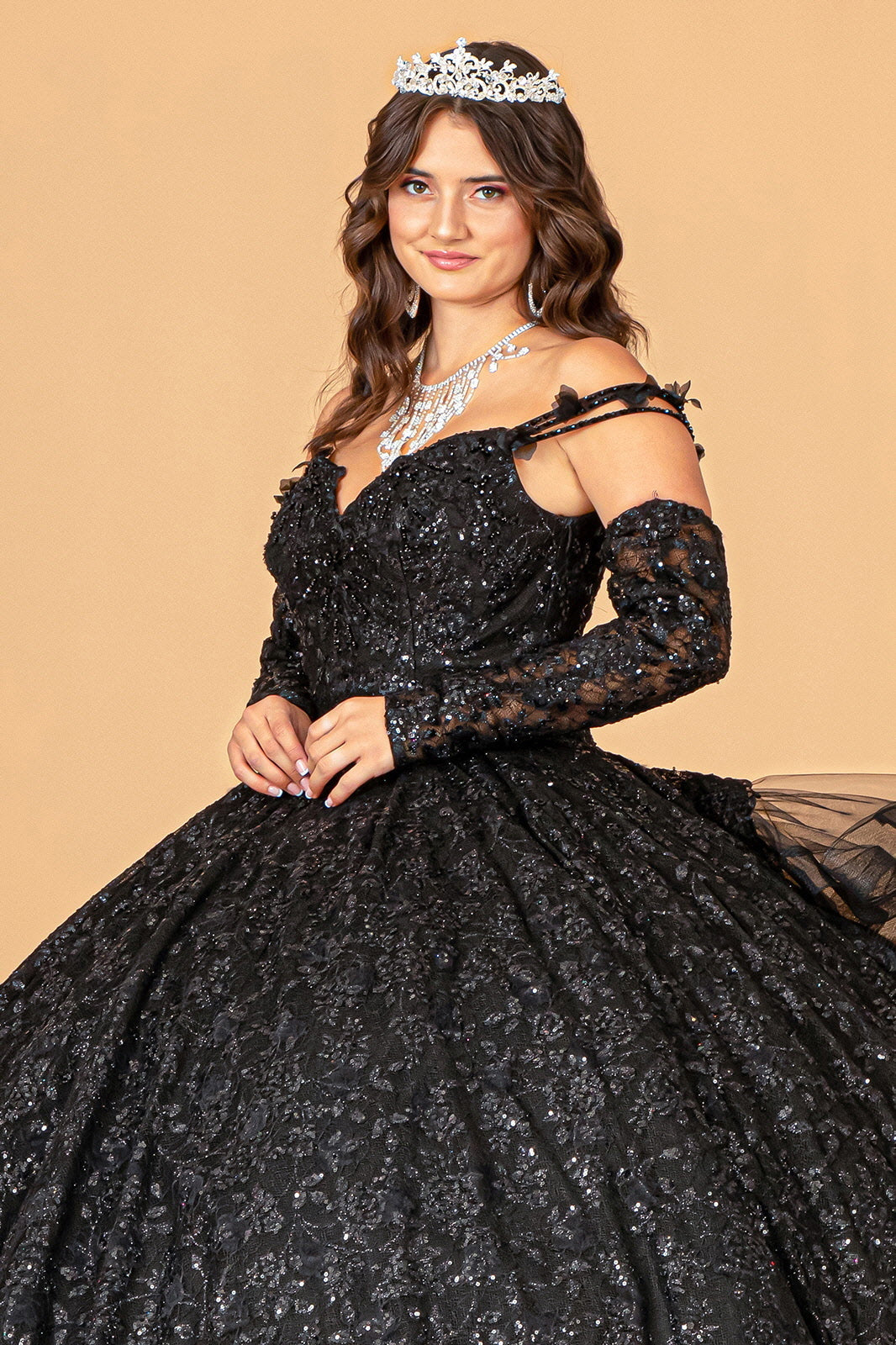 Mesh Detachable Long Sleeves w/ Detachable Ribbon and Ruffled Train Quinceanera Dress GLGL3072