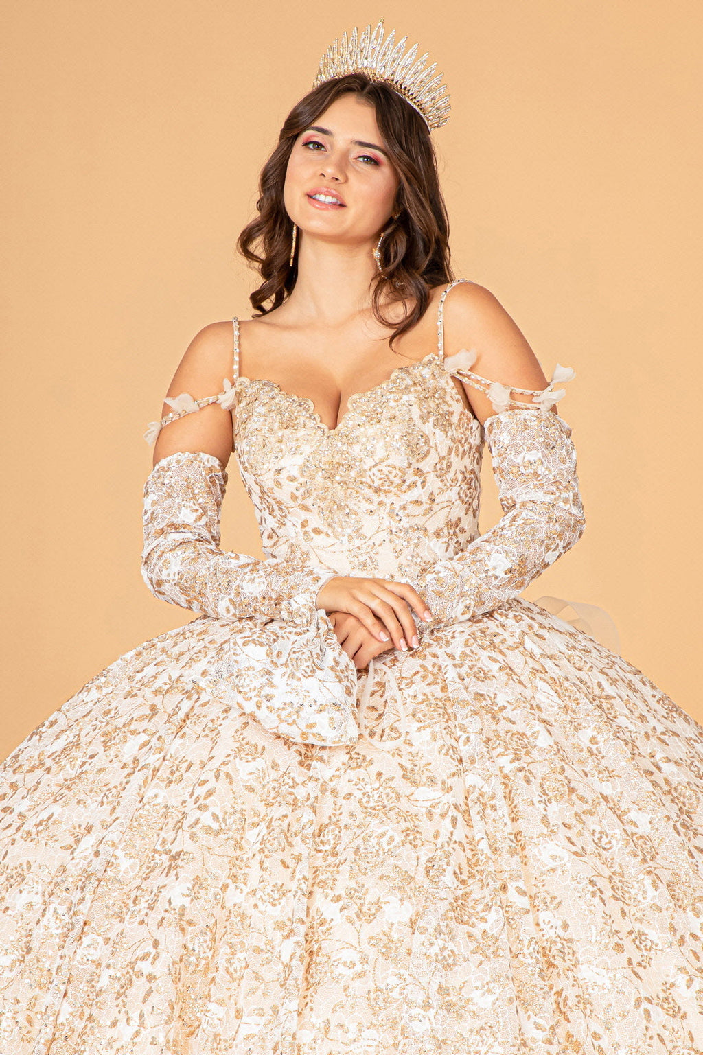 Mesh Detachable Long Sleeves w/ Detachable Ribbon and Ruffled Train Quinceanera Dress GLGL3072