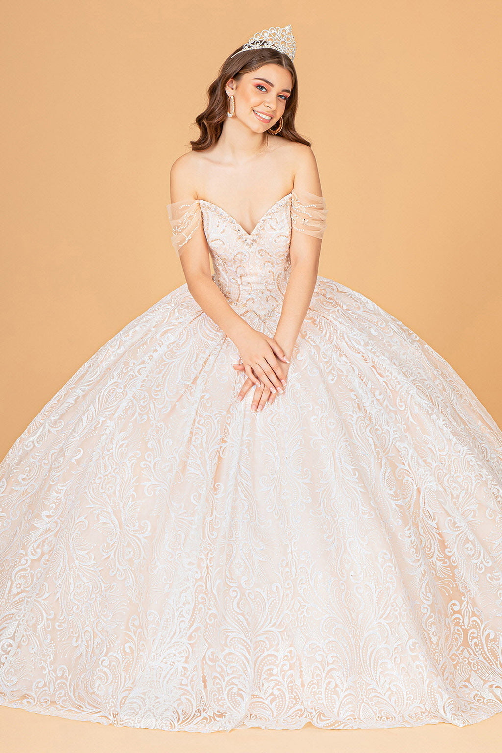 Jewel Mesh w/ Mini Bag and Separate Long Sleeves Quinceanera Dress GLGL3073