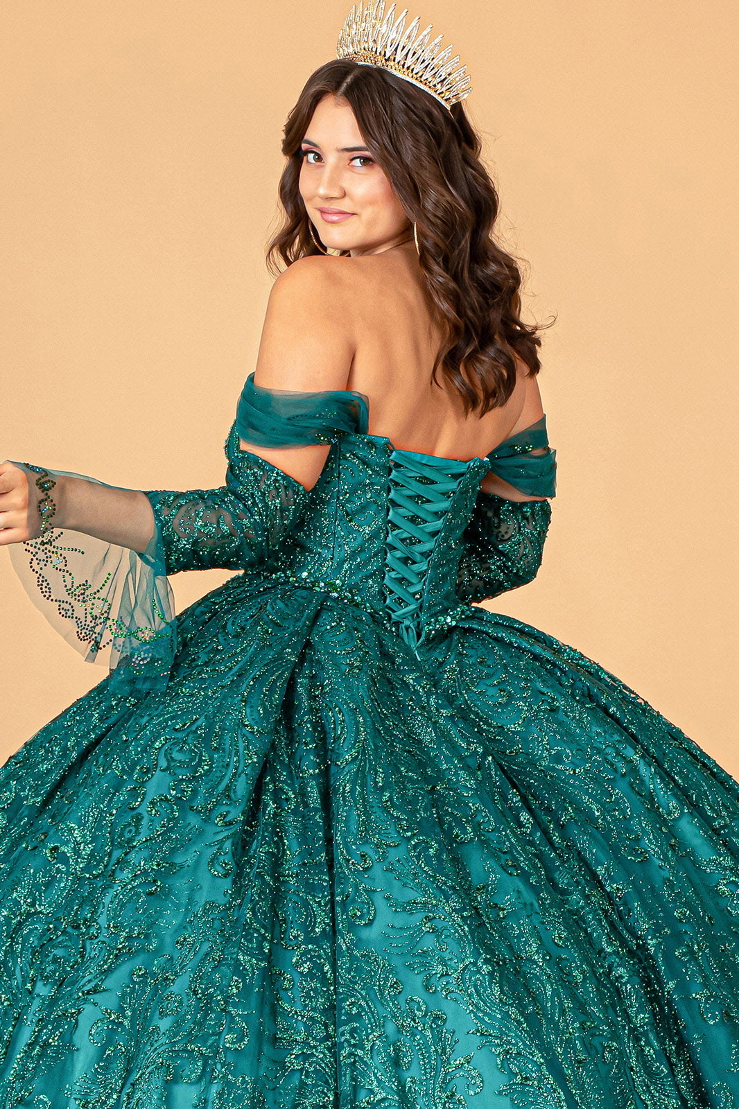 Jewel Mesh w/ Mini Bag and Separate Long Sleeves Quinceanera Dress GLGL3073
