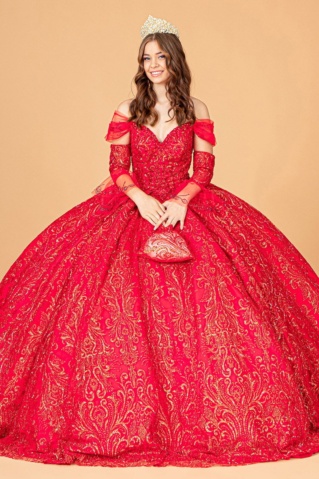 Jewel Mesh w/ Mini Bag and Separate Long Sleeves Quinceanera Dress GLGL3073