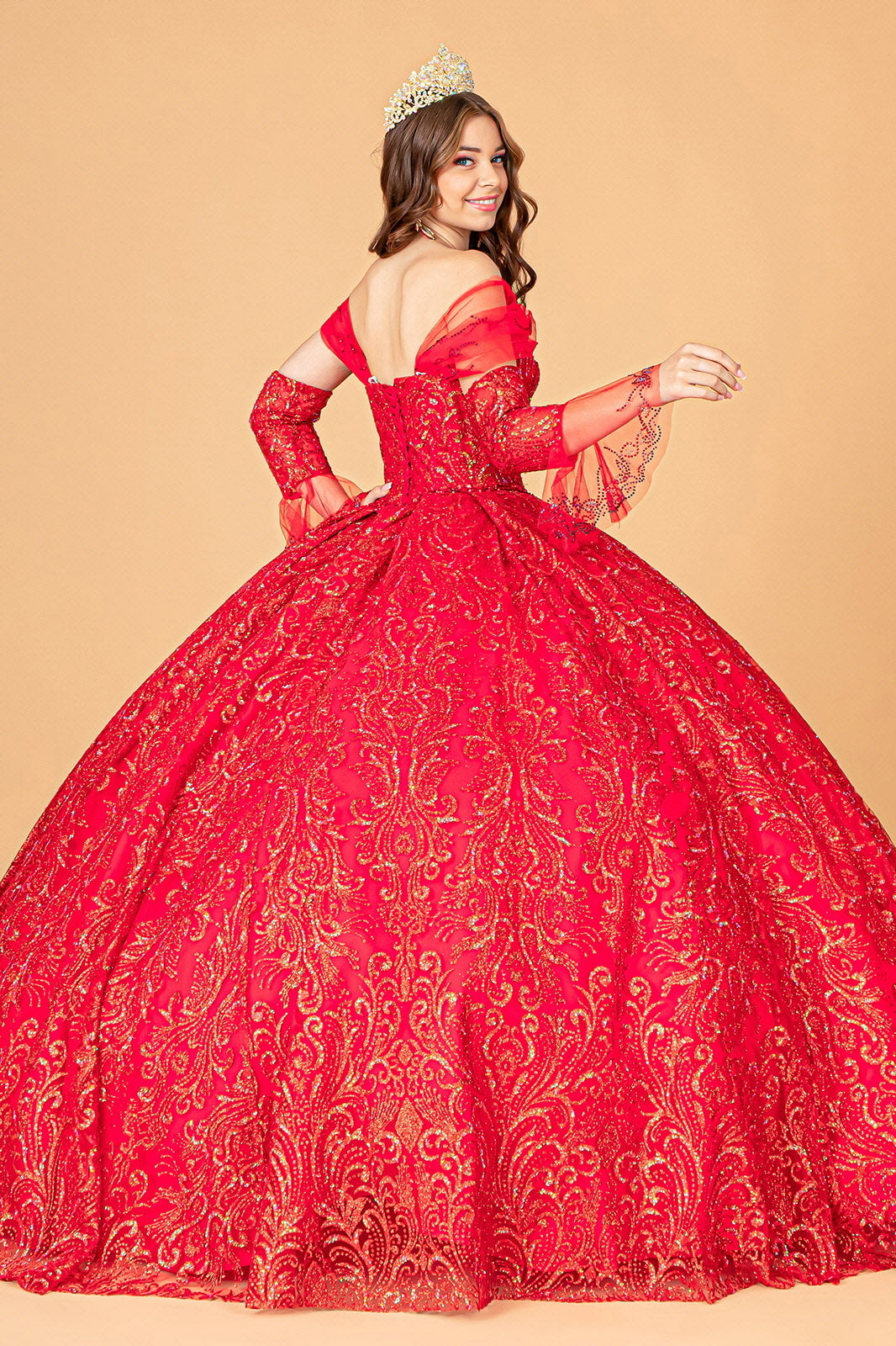 Jewel Mesh w/ Mini Bag and Separate Long Sleeves Quinceanera Dress GLGL3073