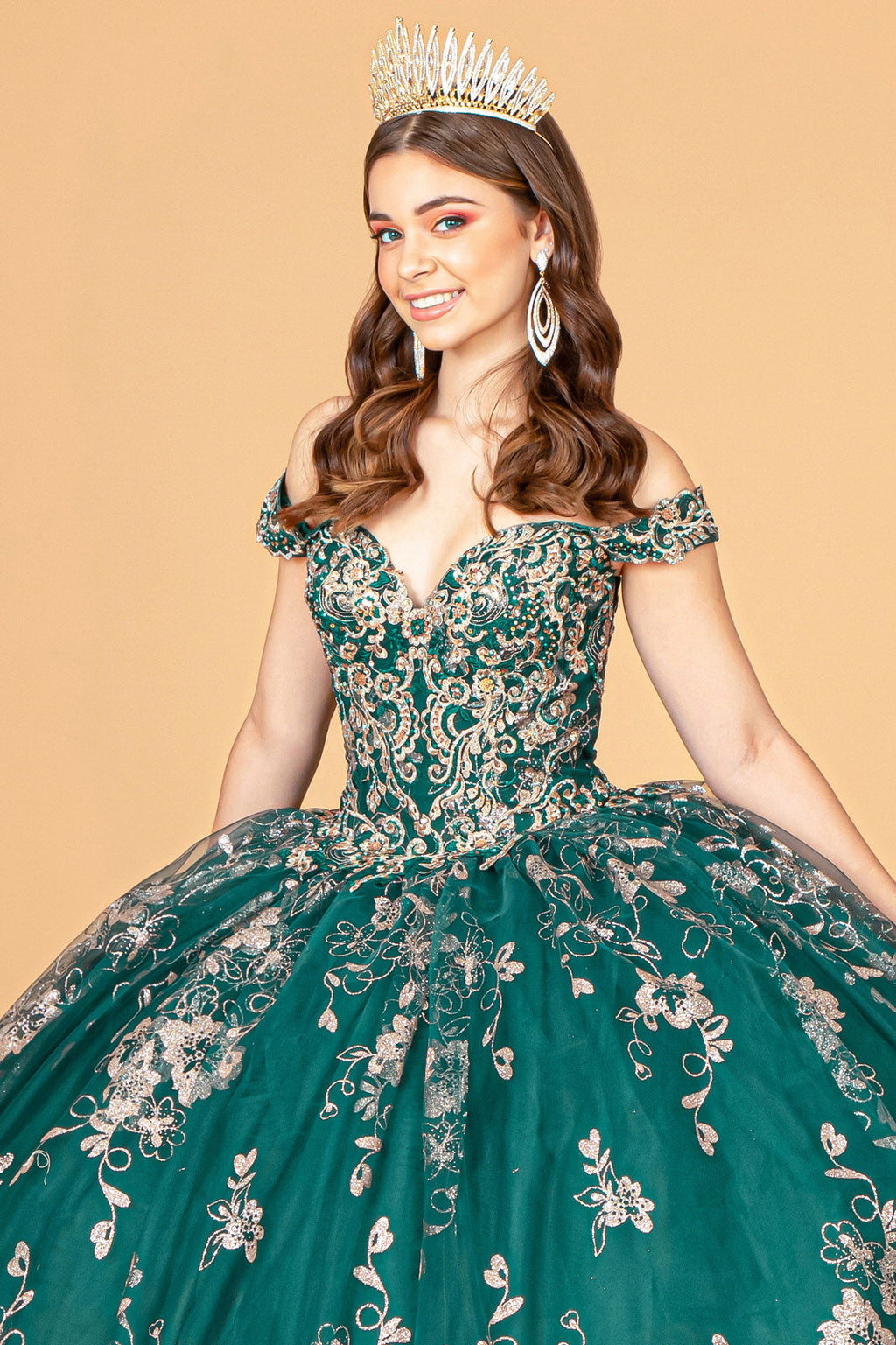 Embroidered Off Shoulder Mesh w/ Separate Long Sleeves Quinceanera Dress GLGL3074