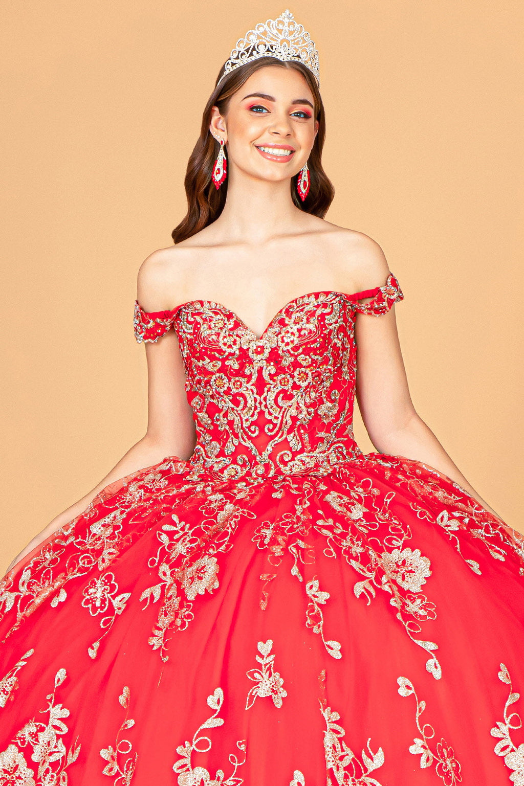 Embroidered Off Shoulder Mesh w/ Separate Long Sleeves Quinceanera Dress GLGL3074