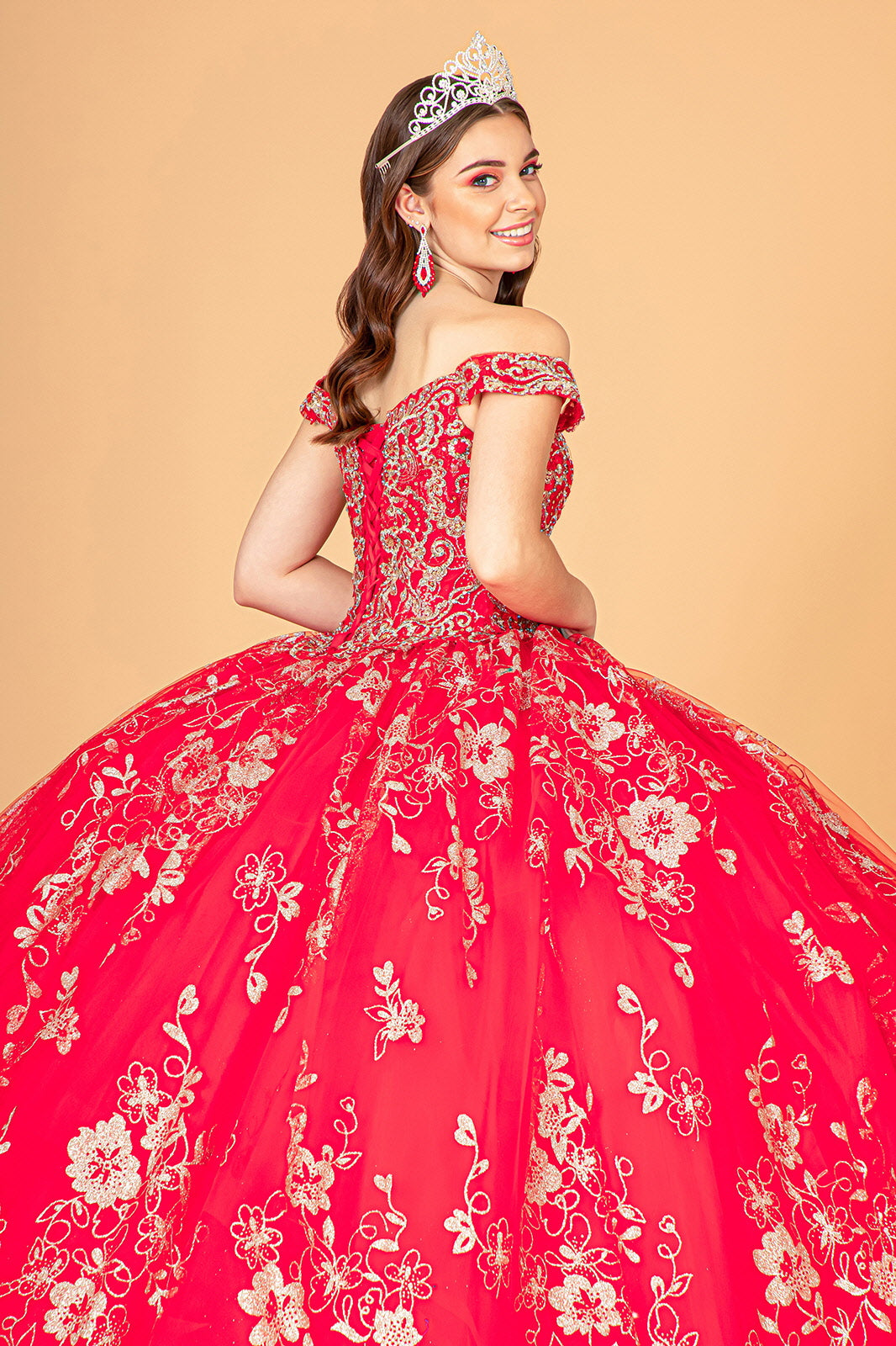 Embroidered Off Shoulder Mesh w/ Separate Long Sleeves Quinceanera Dress GLGL3074