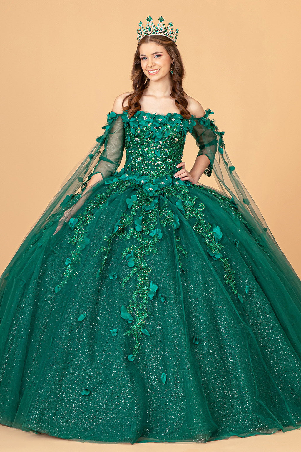 Off Shoulder Mesh w/ Shoulder Side Mesh Drapes Quinceanera Dress GLGL3075