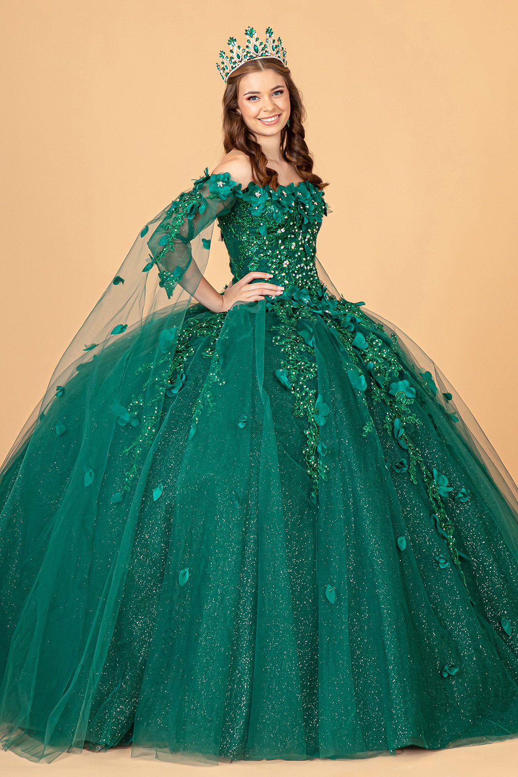 Off Shoulder Mesh w/ Shoulder Side Mesh Drapes Quinceanera Dress GLGL3075