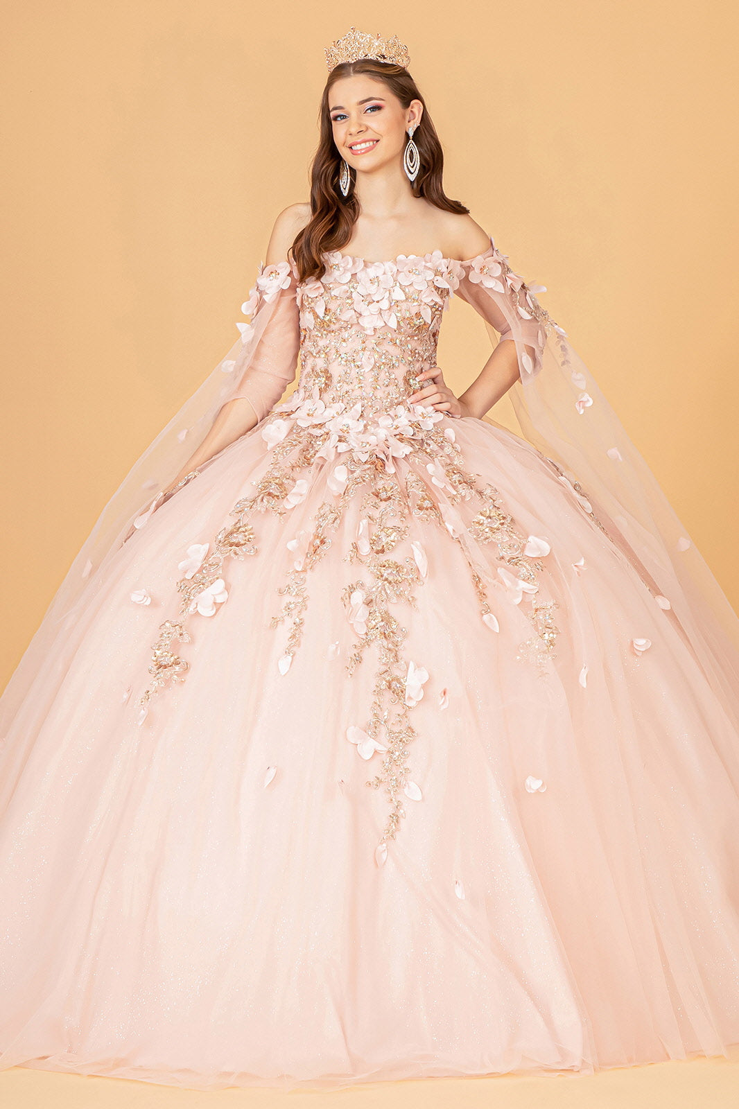 Off Shoulder Mesh w/ Shoulder Side Mesh Drapes Quinceanera Dress GLGL3075
