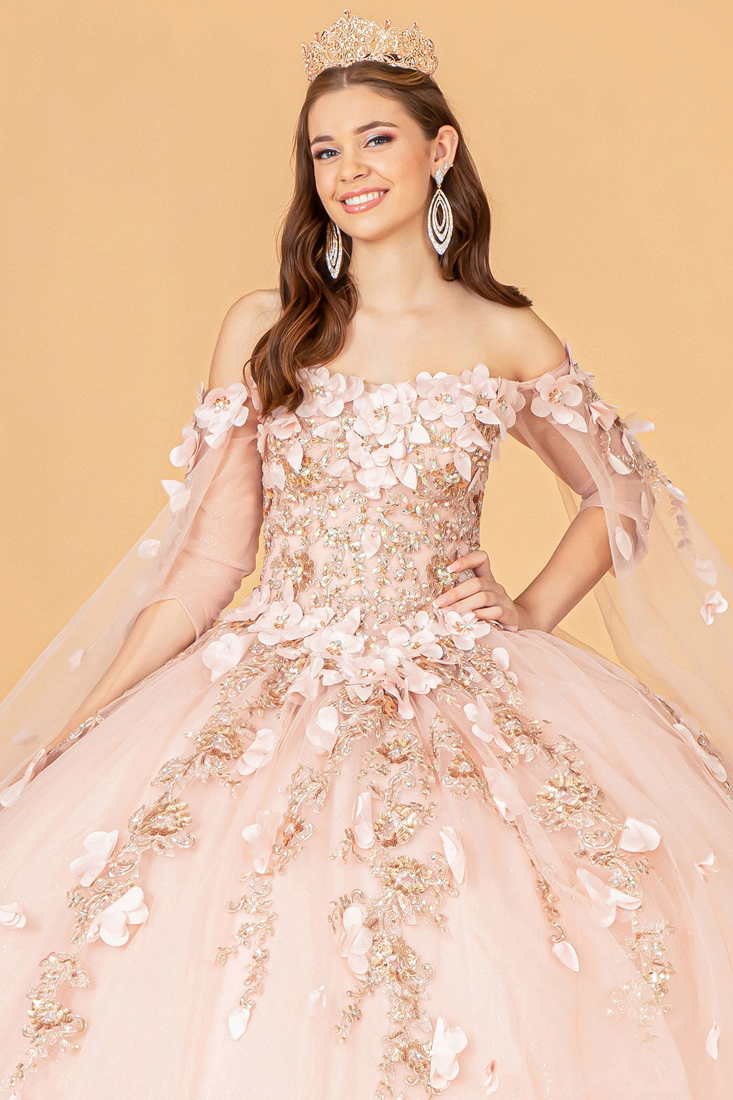Off Shoulder Mesh w/ Shoulder Side Mesh Drapes Quinceanera Dress GLGL3075