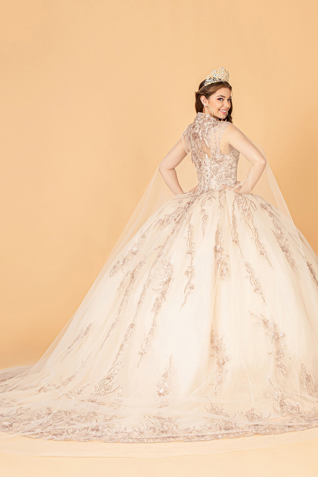 Sequins Embellished Long Quinceanera Gown w/ Detachable Cape GLGL3076