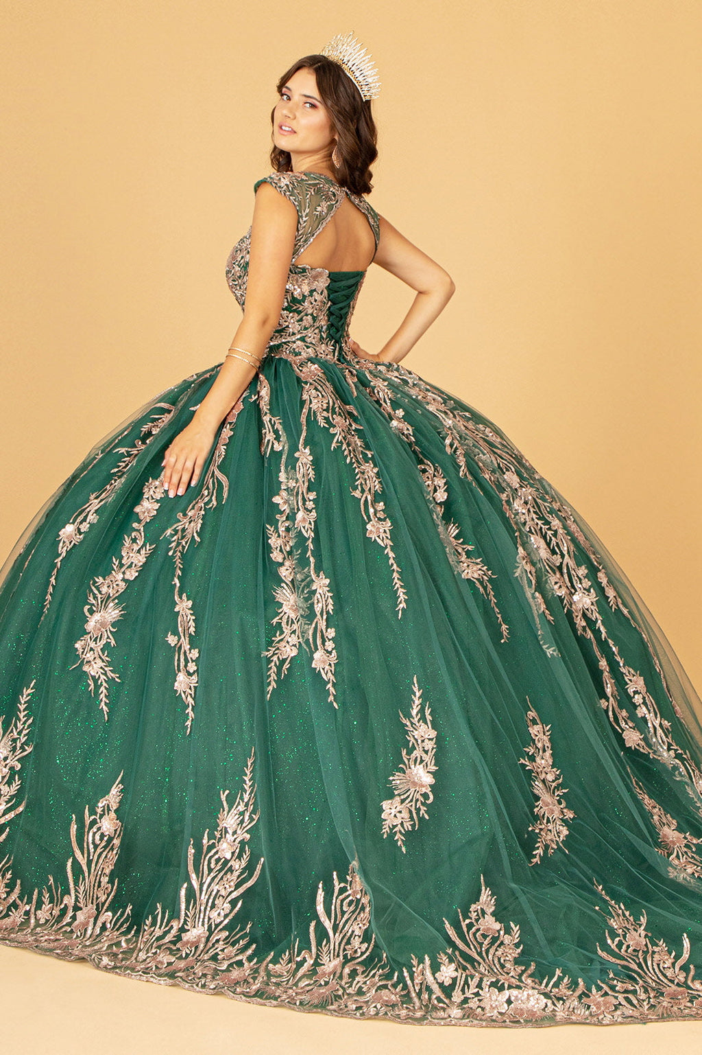 Sequins Embellished Long Quinceanera Gown w/ Detachable Cape GLGL3076