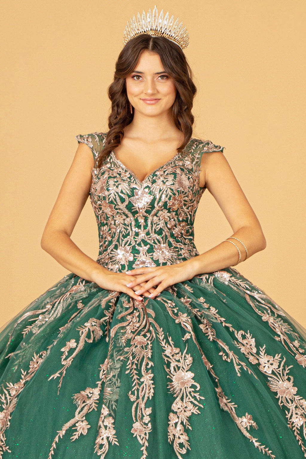 Sequins Embellished Long Quinceanera Gown w/ Detachable Cape GLGL3076