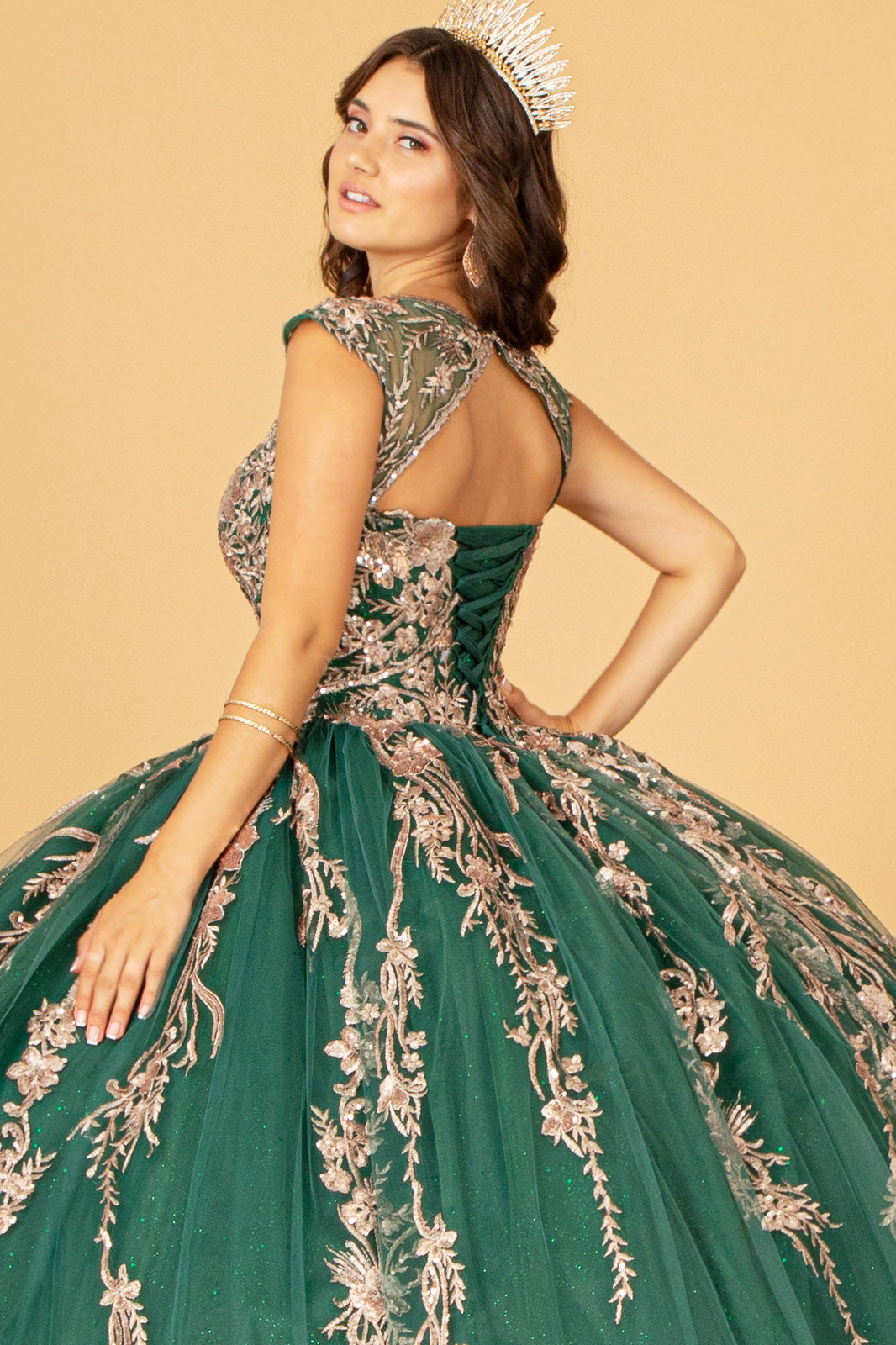 Sequins Embellished Long Quinceanera Gown w/ Detachable Cape GLGL3076
