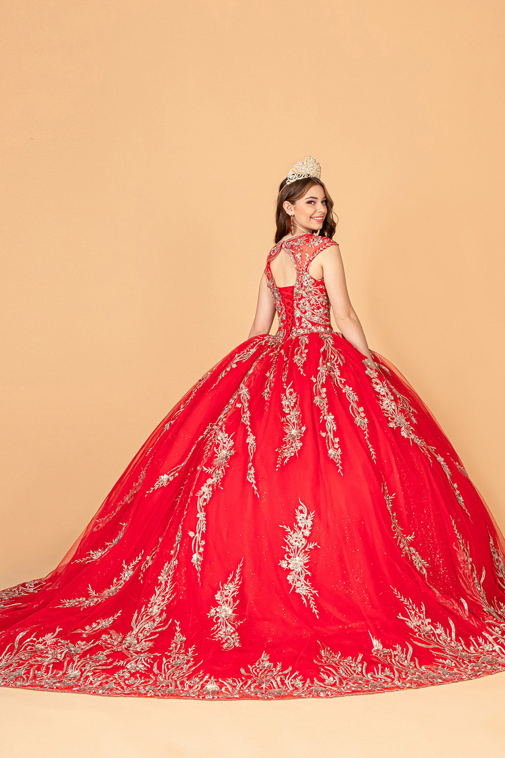 Sequins Embellished Long Quinceanera Gown w/ Detachable Cape GLGL3076