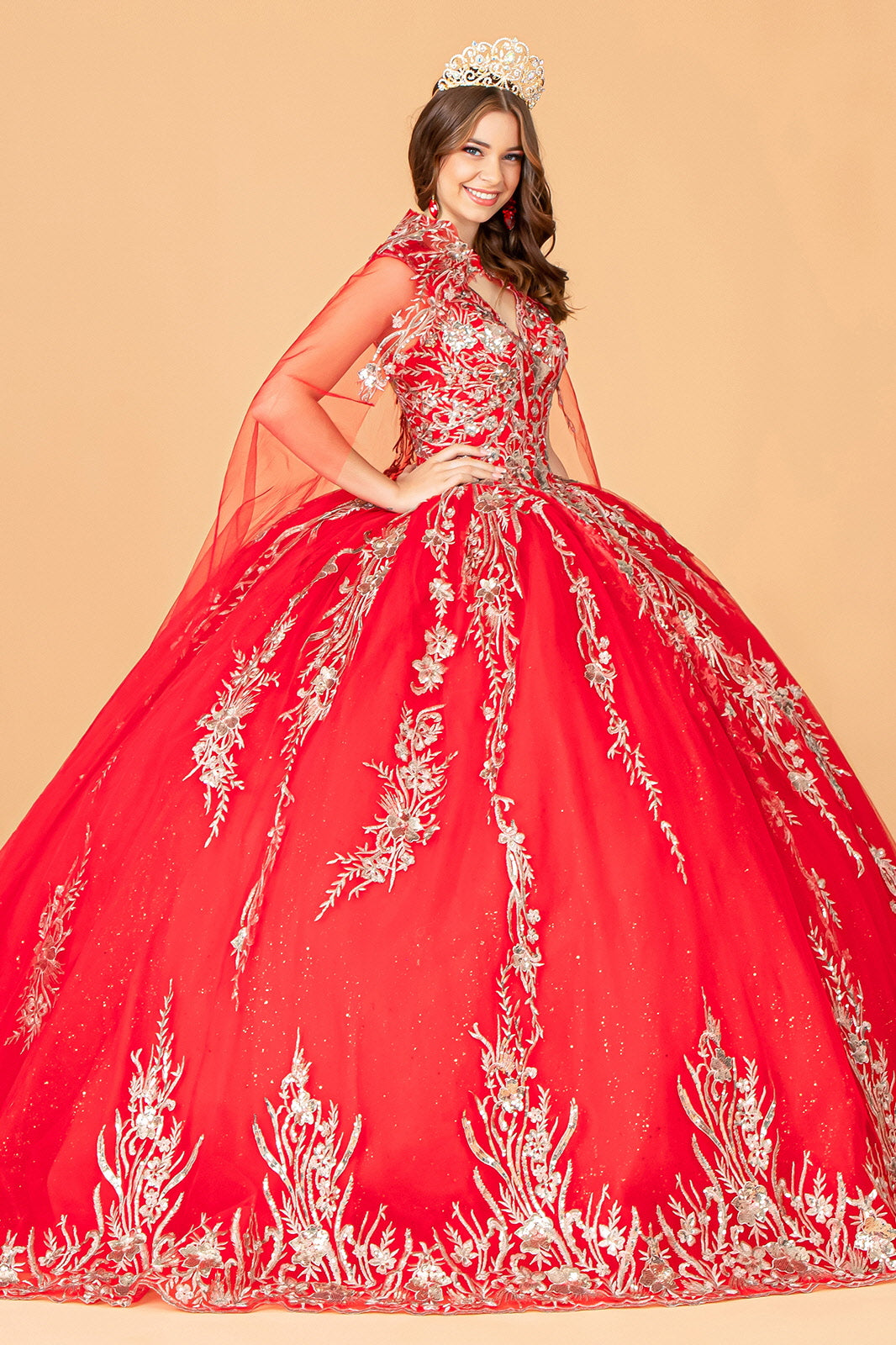 Sequins Embellished Long Quinceanera Gown w/ Detachable Cape GLGL3076