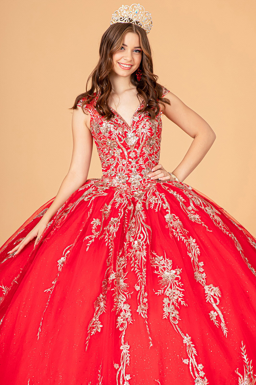 Sequins Embellished Long Quinceanera Gown w/ Detachable Cape GLGL3076