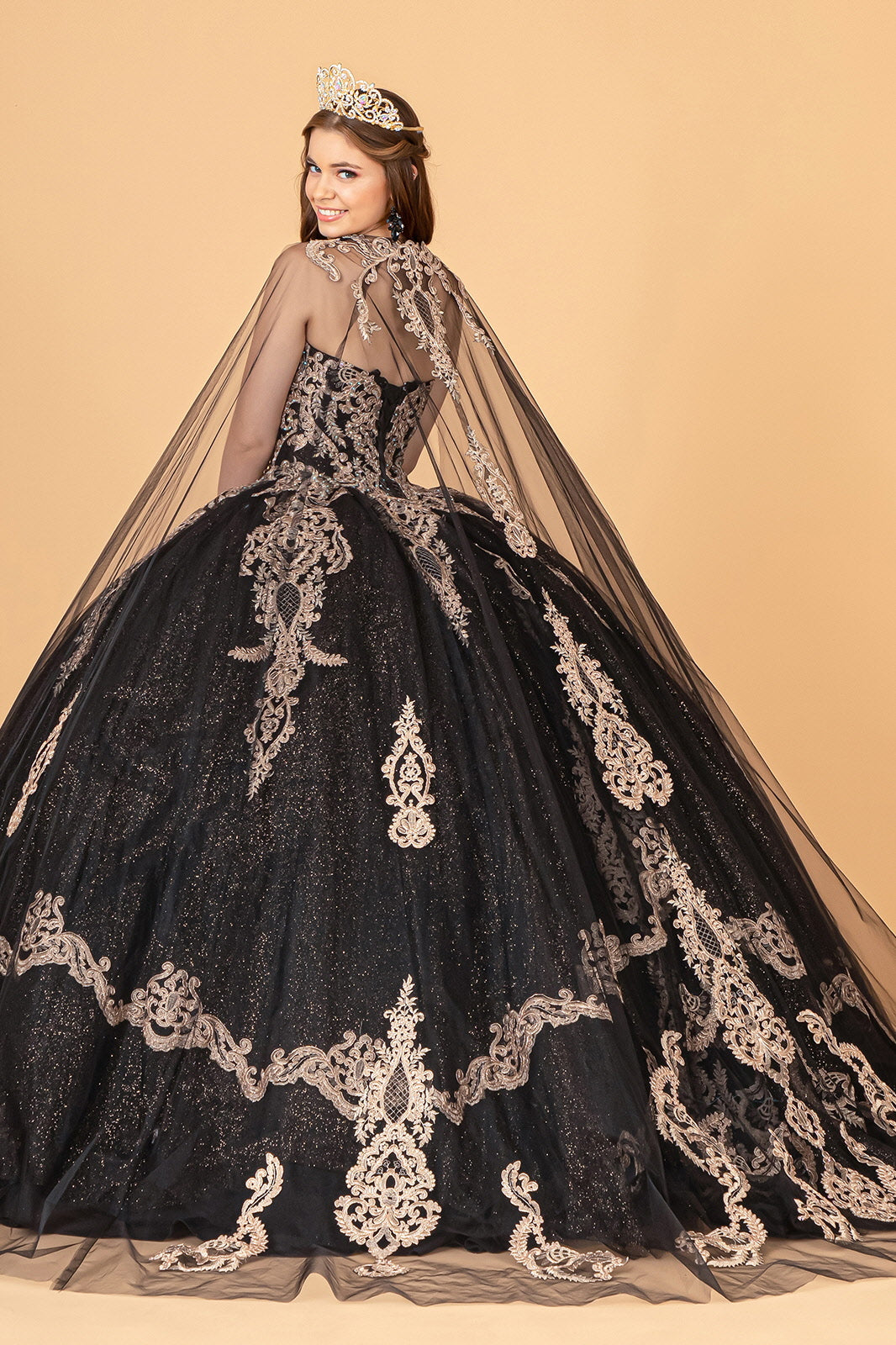 Glitter Jewel Embellished w/ Long Mesh Cape Quinceanera Dress GLGL3078