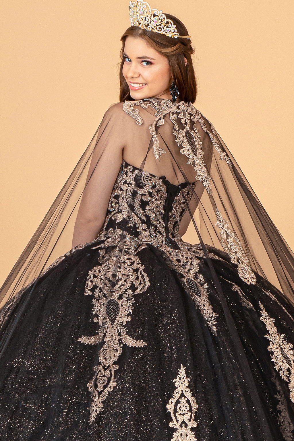Glitter Jewel Embellished w/ Long Mesh Cape Quinceanera Dress GLGL3078