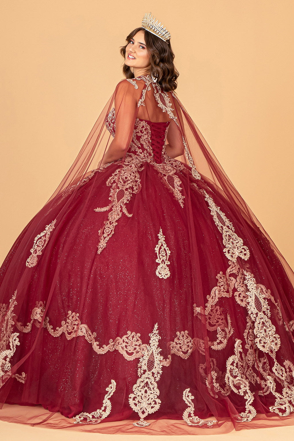 Glitter Jewel Embellished w/ Long Mesh Cape Quinceanera Dress GLGL3078