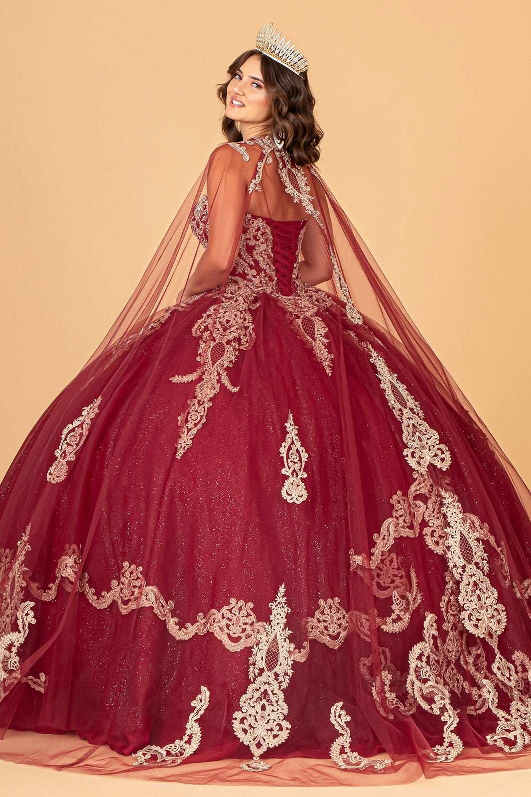 Glitter Jewel Embellished w/ Long Mesh Cape Quinceanera Dress GLGL3078