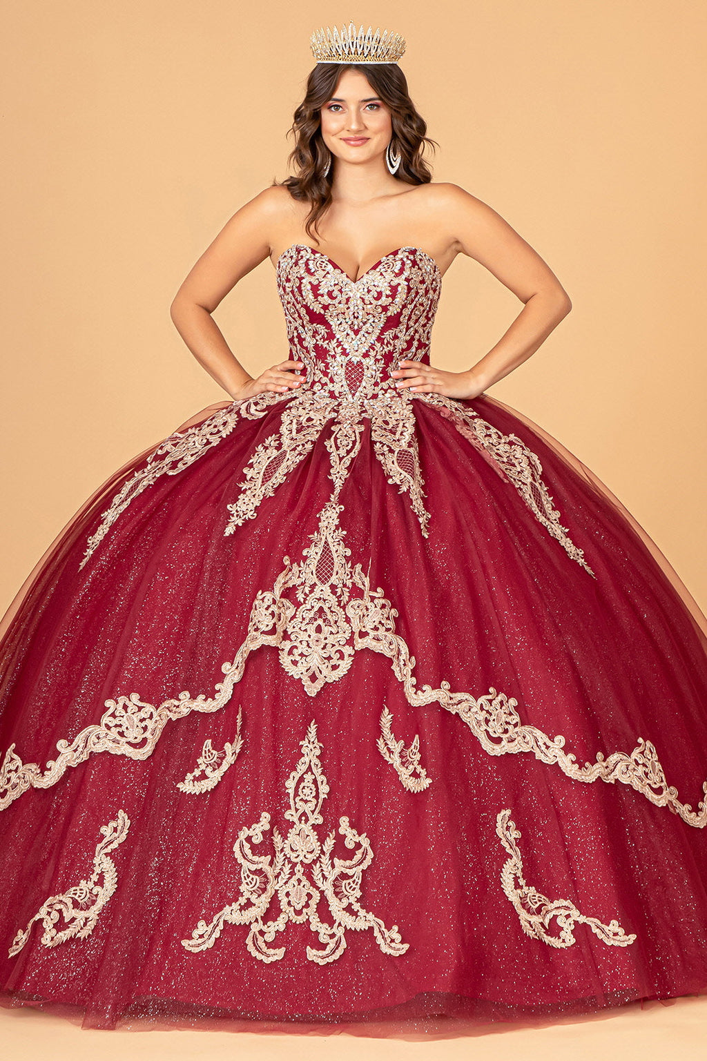 Glitter Jewel Embellished w/ Long Mesh Cape Quinceanera Dress GLGL3078
