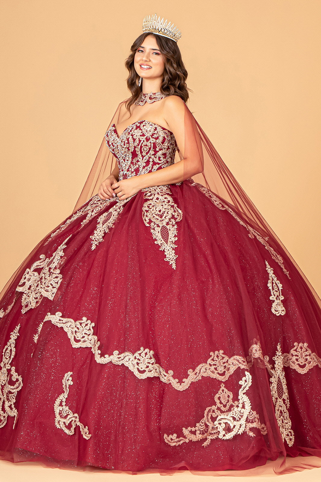 Glitter Jewel Embellished w/ Long Mesh Cape Quinceanera Dress GLGL3078