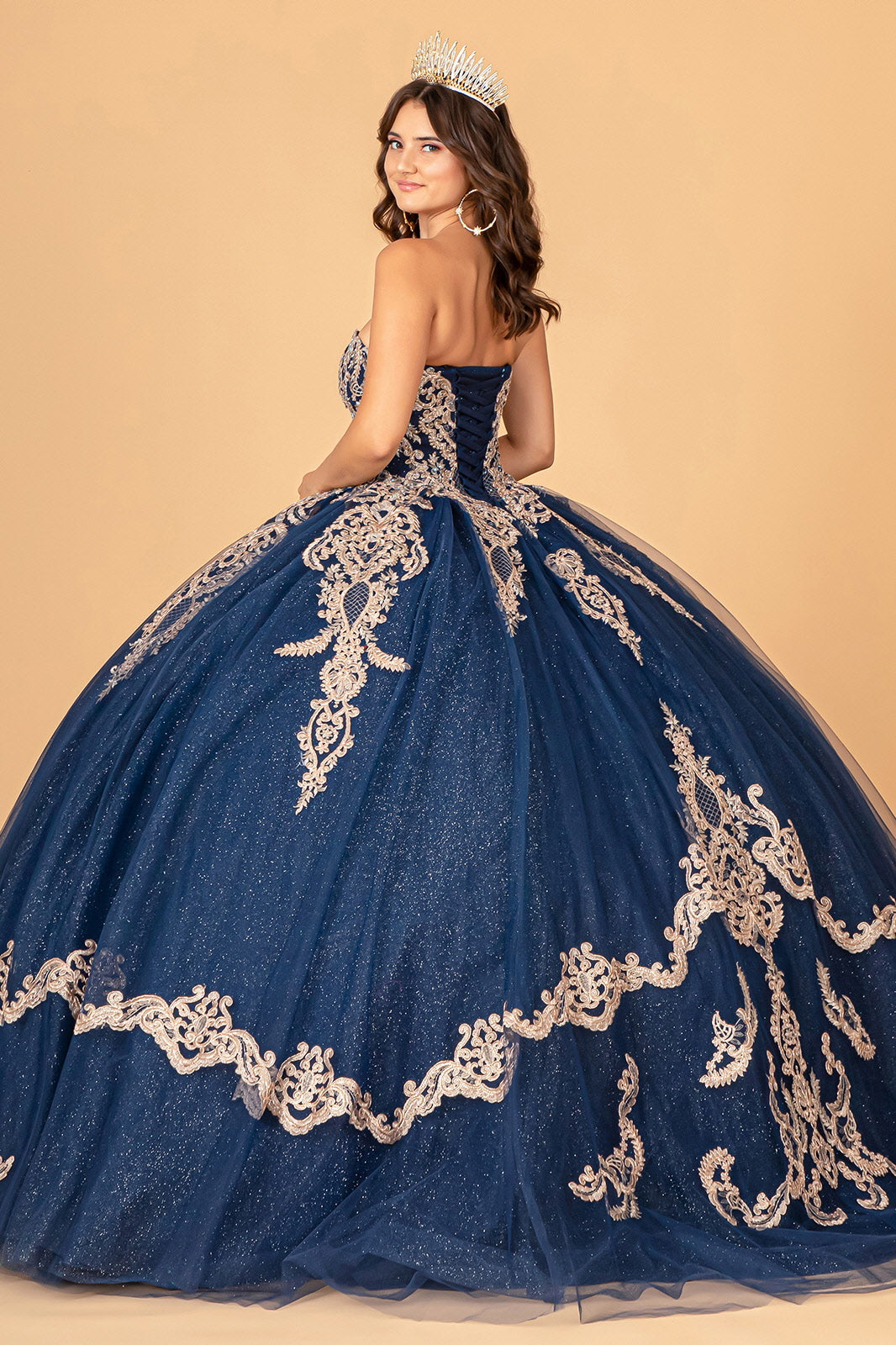 Glitter Jewel Embellished w/ Long Mesh Cape Quinceanera Dress GLGL3078