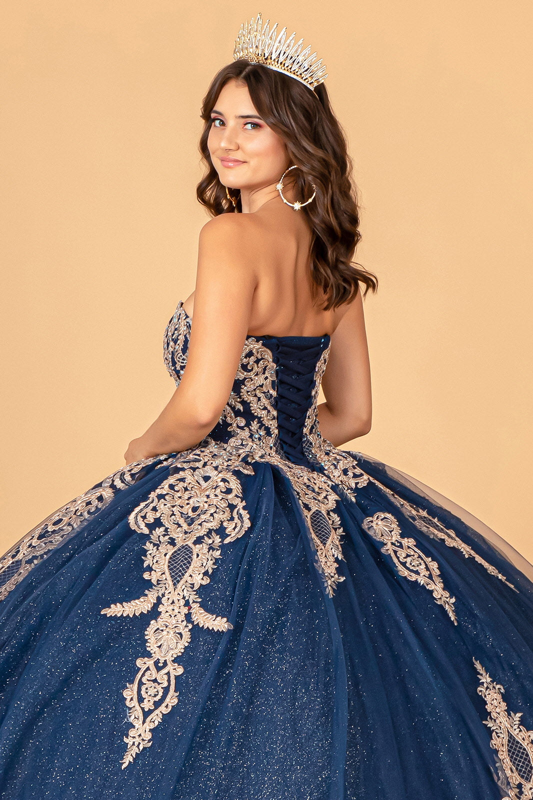 Glitter Jewel Embellished w/ Long Mesh Cape Quinceanera Dress GLGL3078