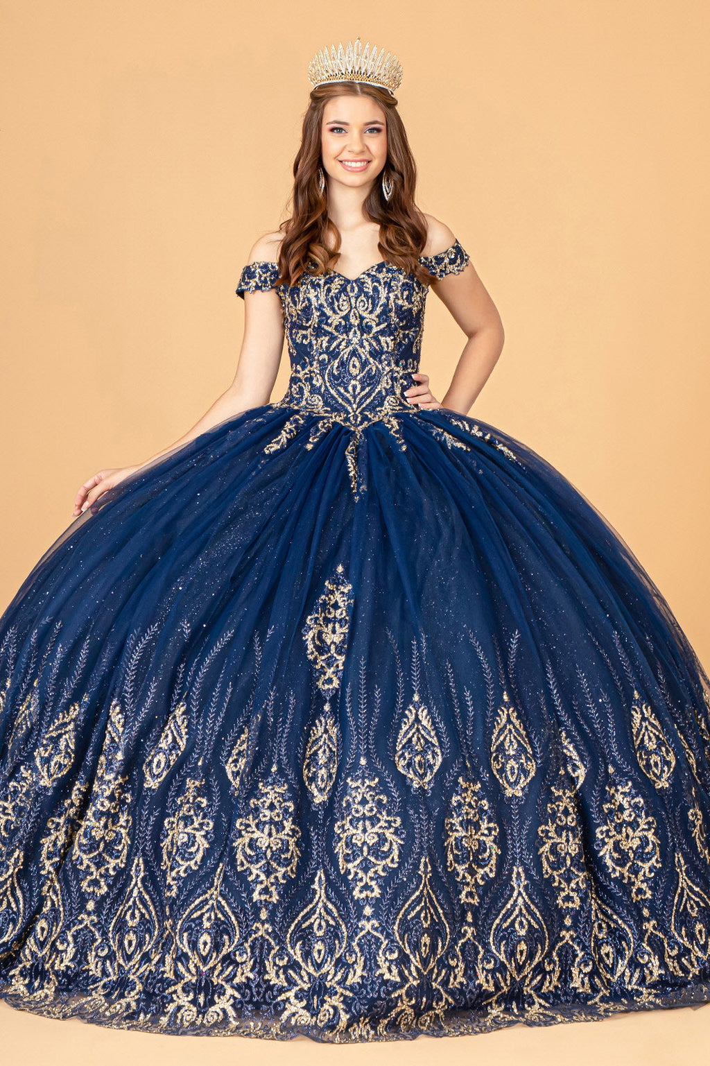 Glitter Mesh w/ Sequin and Beads Long Quinceanera Dress GLGL3079