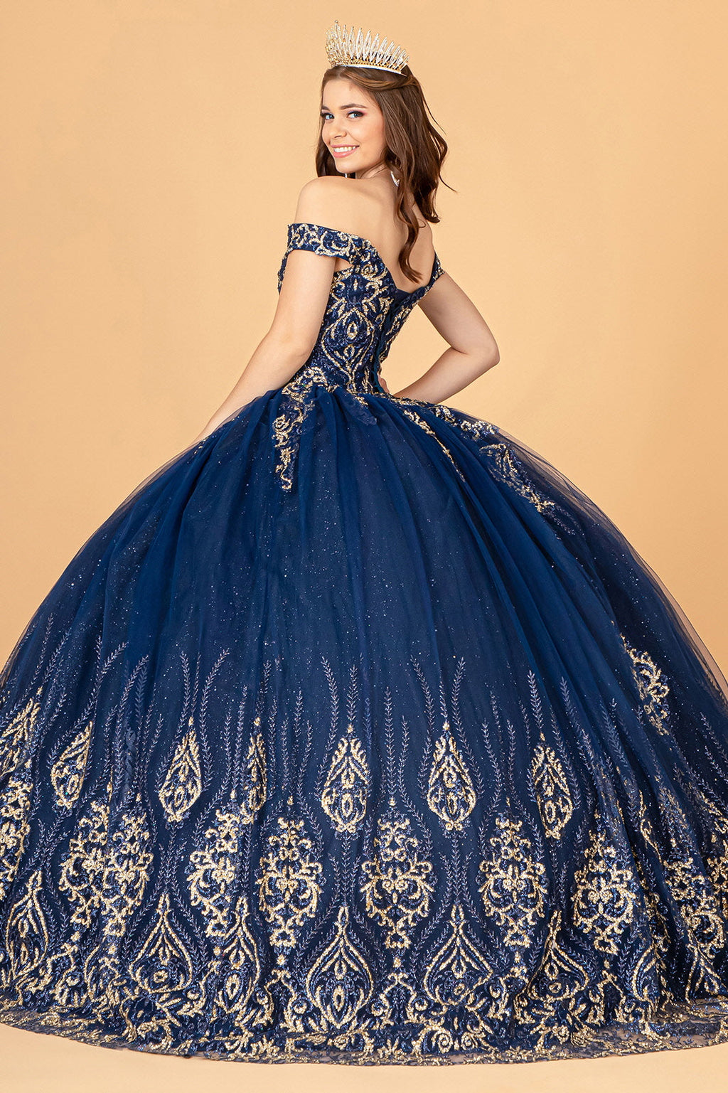 Glitter Mesh w/ Sequin and Beads Long Quinceanera Dress GLGL3079