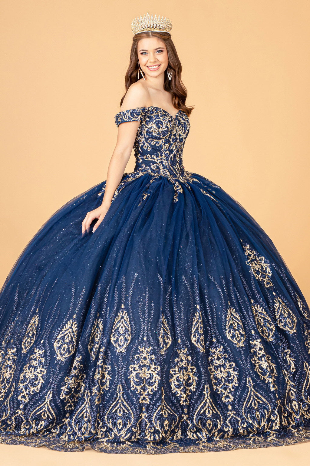 Glitter Mesh w/ Sequin and Beads Long Quinceanera Dress GLGL3079