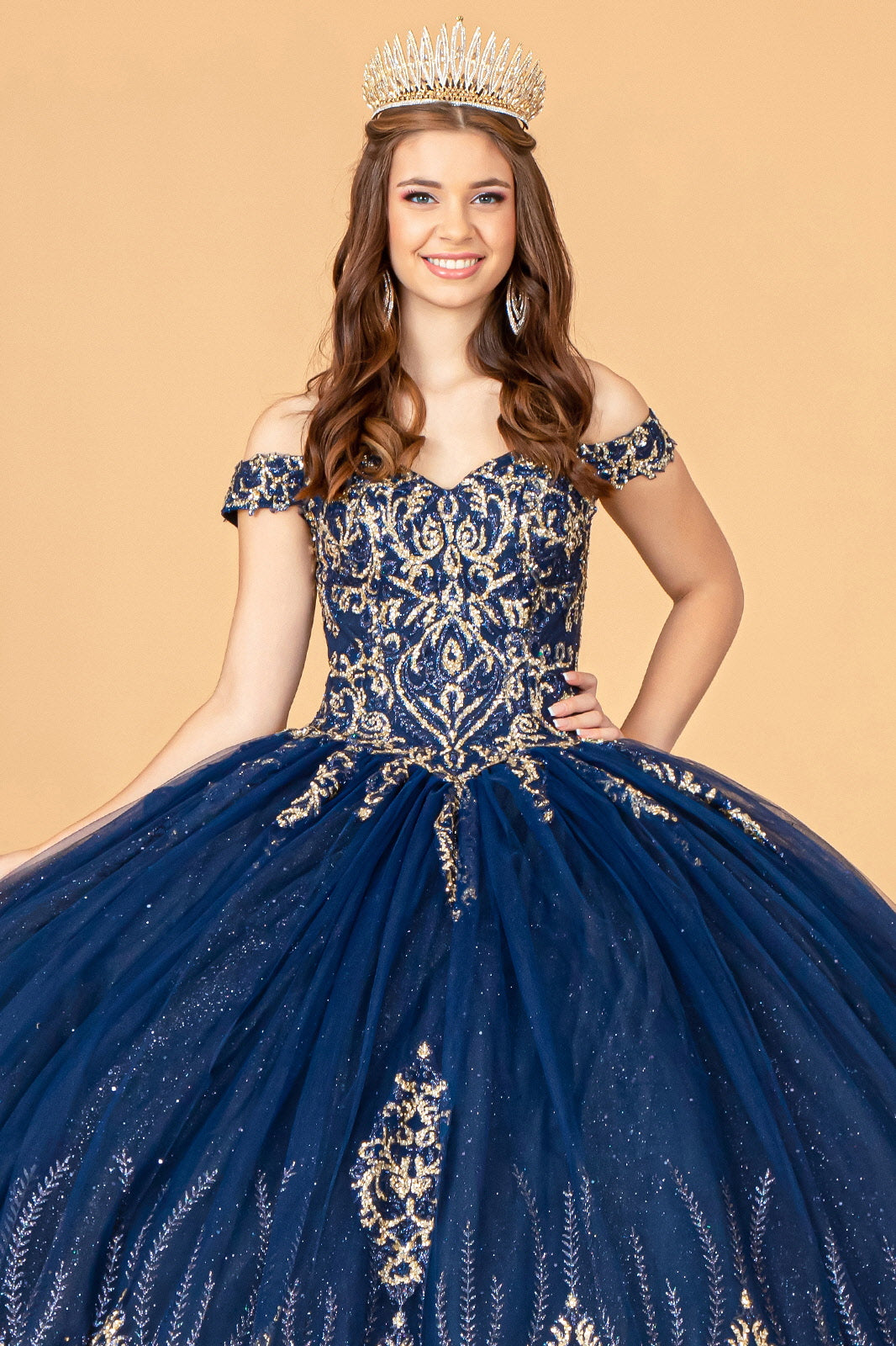 Glitter Mesh w/ Sequin and Beads Long Quinceanera Dress GLGL3079