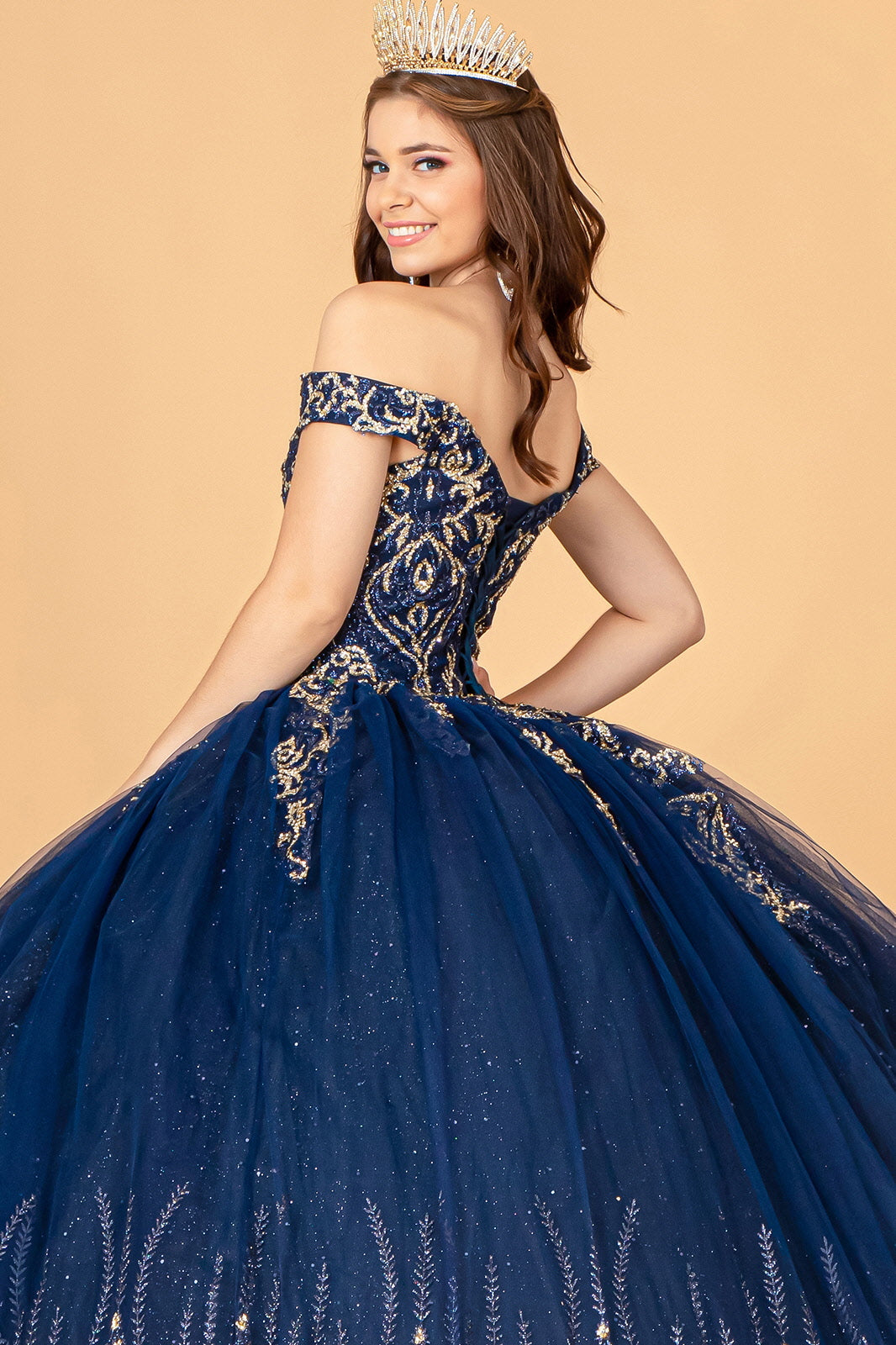 Glitter Mesh w/ Sequin and Beads Long Quinceanera Dress GLGL3079