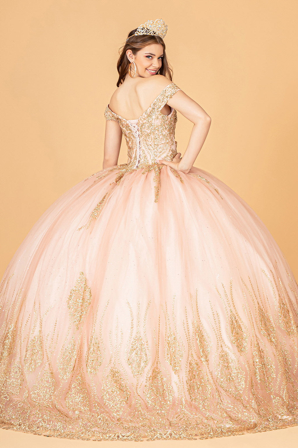 Glitter Mesh w/ Sequin and Beads Long Quinceanera Dress GLGL3079
