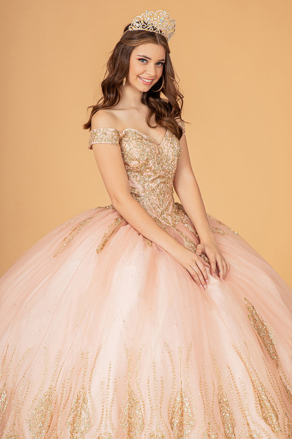 Glitter Mesh w/ Sequin and Beads Long Quinceanera Dress GLGL3079