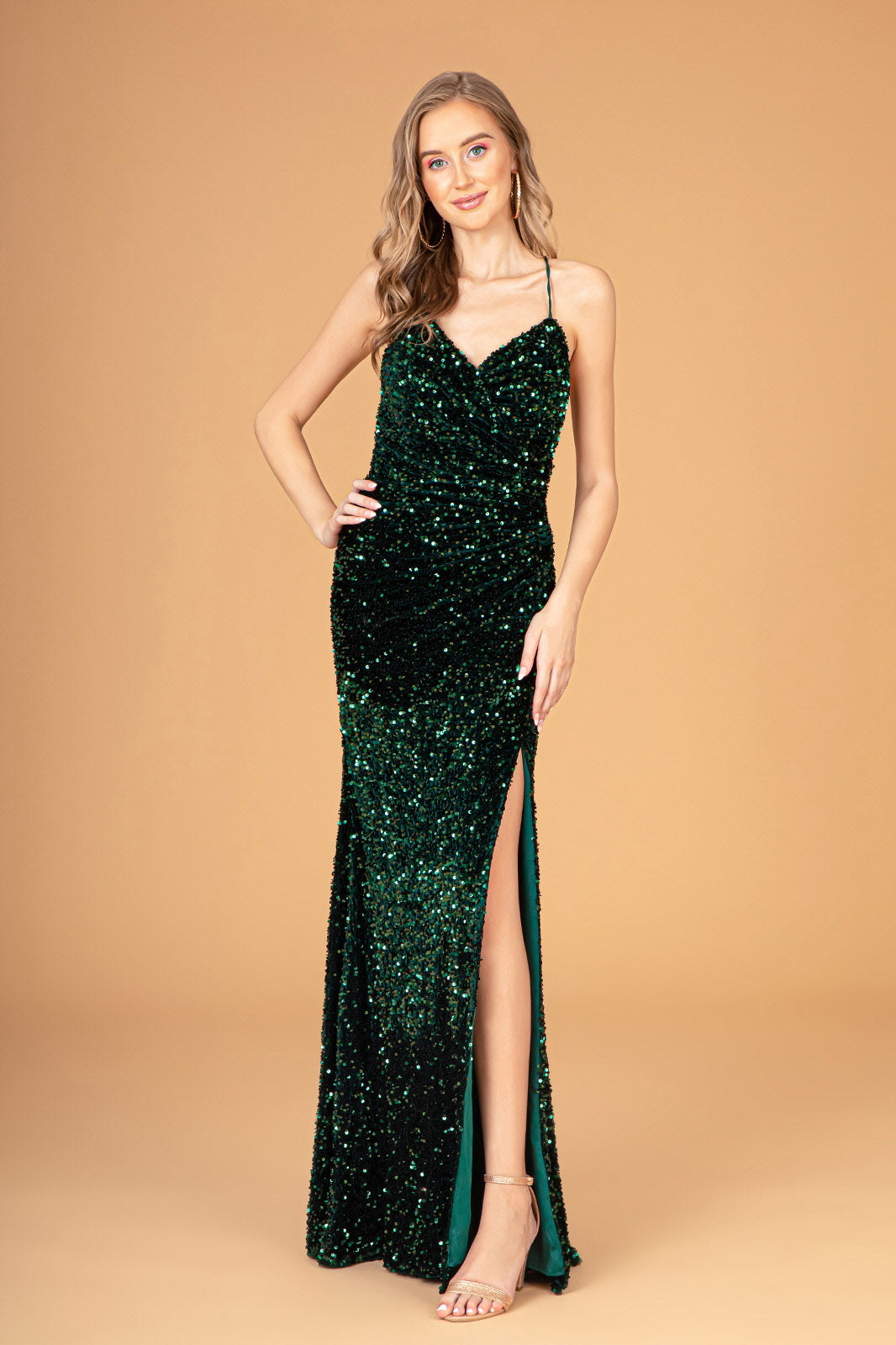 V-Neck Sequin Velvet Sheath Party Gown with Lace Up Back and Leg Slit GLGL3080