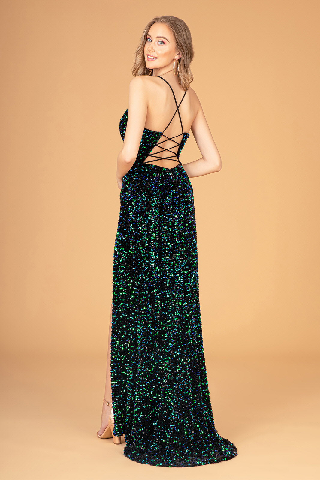 Sequins Embellished Velvet Sheath Gown w/ Leg Slit & Spaghetti Straps GLGL3081
