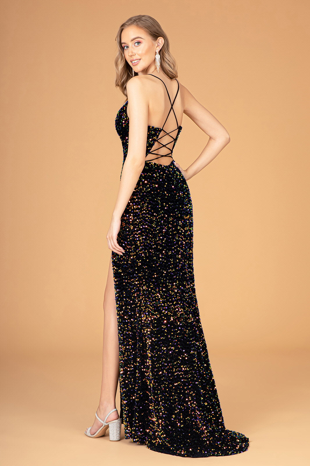 Sequins Embellished Velvet Sheath Gown w/ Leg Slit & Spaghetti Straps GLGL3081