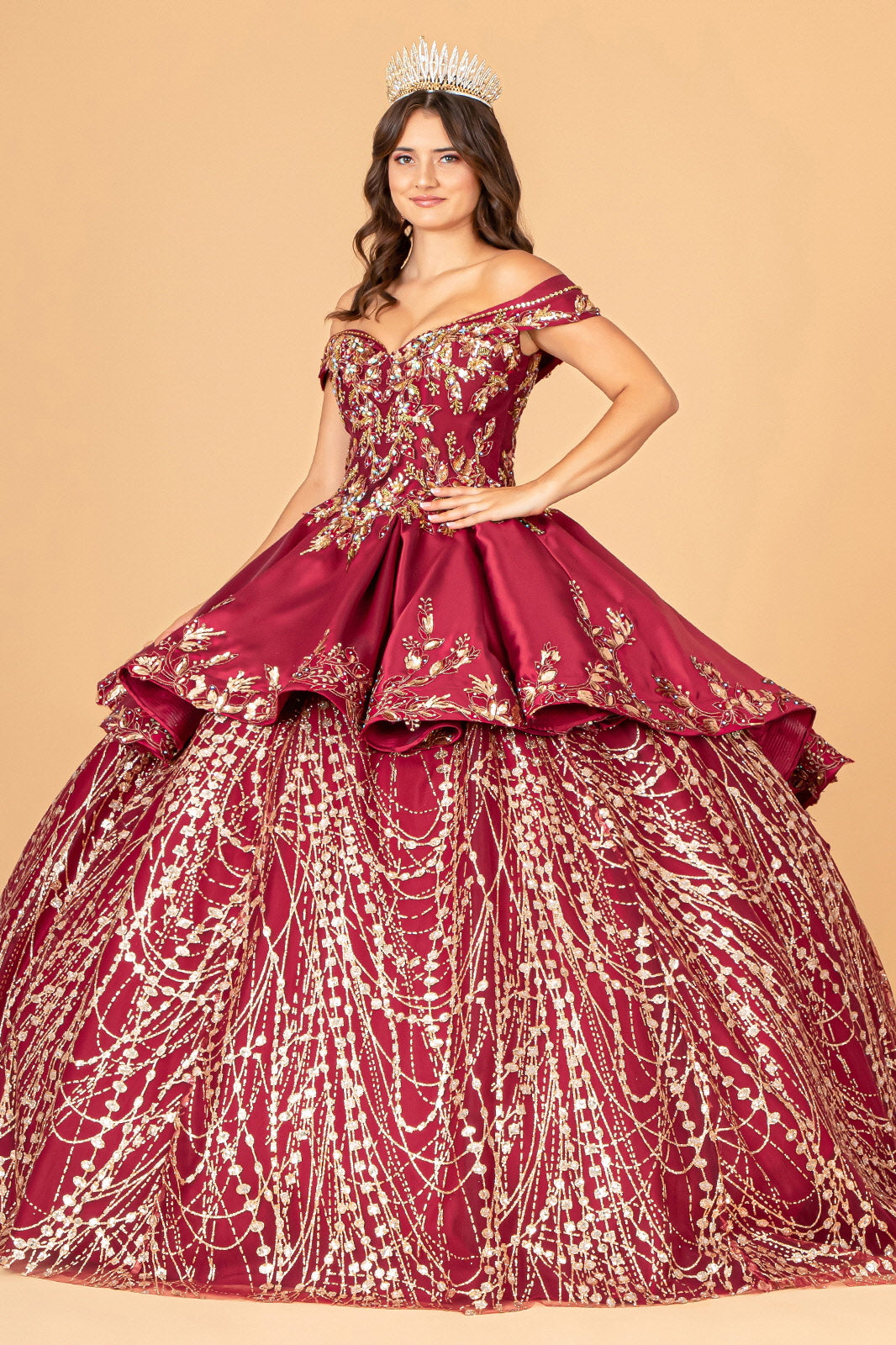 Off Shoulder Satin Quinceanera Embellished with Gold Embroidery Ball Dress GLGL3098