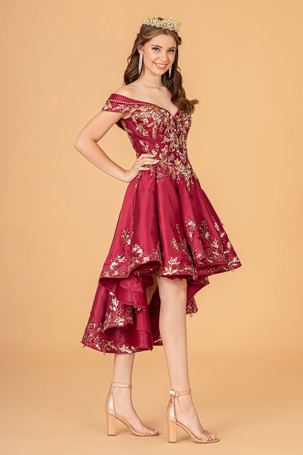 Off Shoulder Satin Quinceanera Embellished with Gold Embroidery Ball Dress GLGL3098