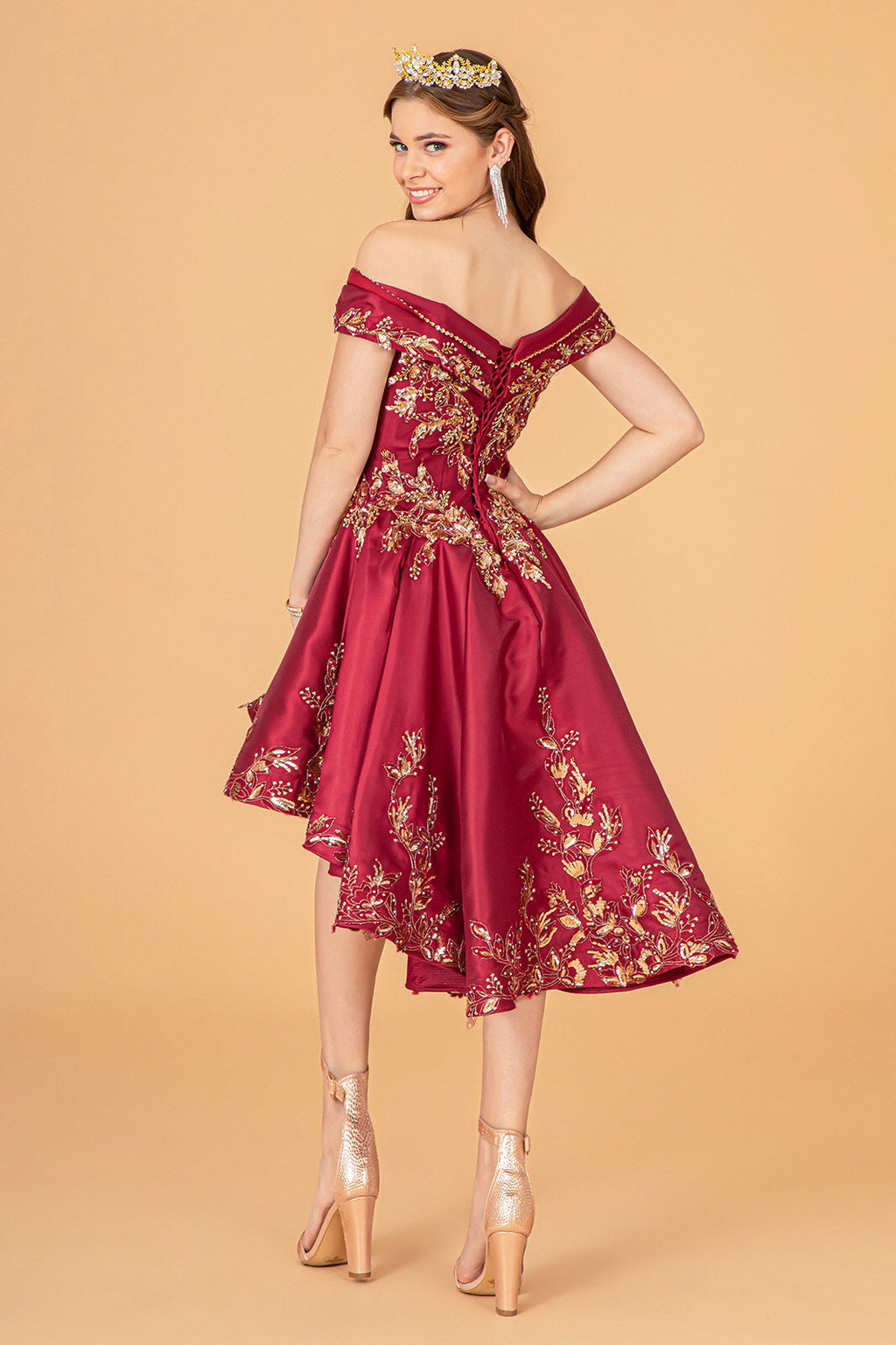 Off Shoulder Satin Quinceanera Embellished with Gold Embroidery Ball Dress GLGL3098